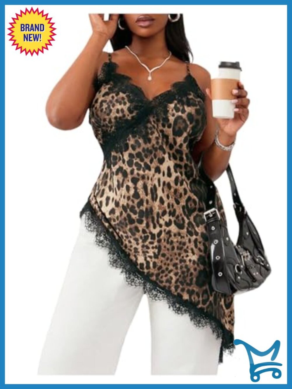 Plus Size Leopard Print Lace Trim V-Neck Spaghetti Strap Asymmetrical Tank Top